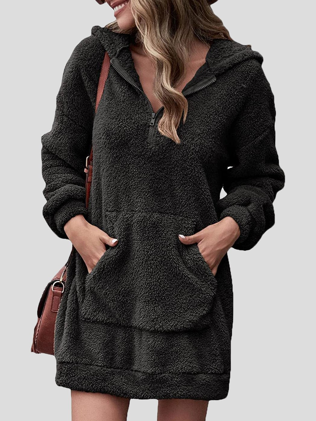 Dresses Fleece Pocket Zipper Hooded Long Sleeve Dress for Women