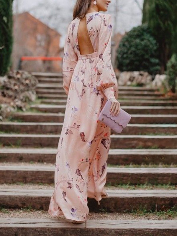 Women's Dresses Floral Print Bare Back Long Sleeve Dress - LuckyFash™