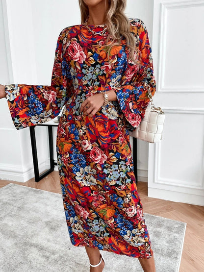 Women's Dresses Floral Print Bare Back Round Neck Long Sleeve Dress - LuckyFash™