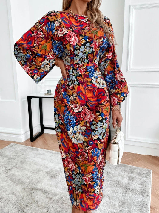 Dresses Floral Print Bare Back Round Neck Long Sleeve Dress for Women