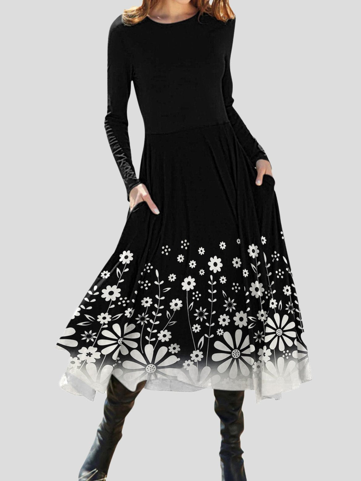 Dresses Floral Print Round Neck Long Sleeve Dress for Women