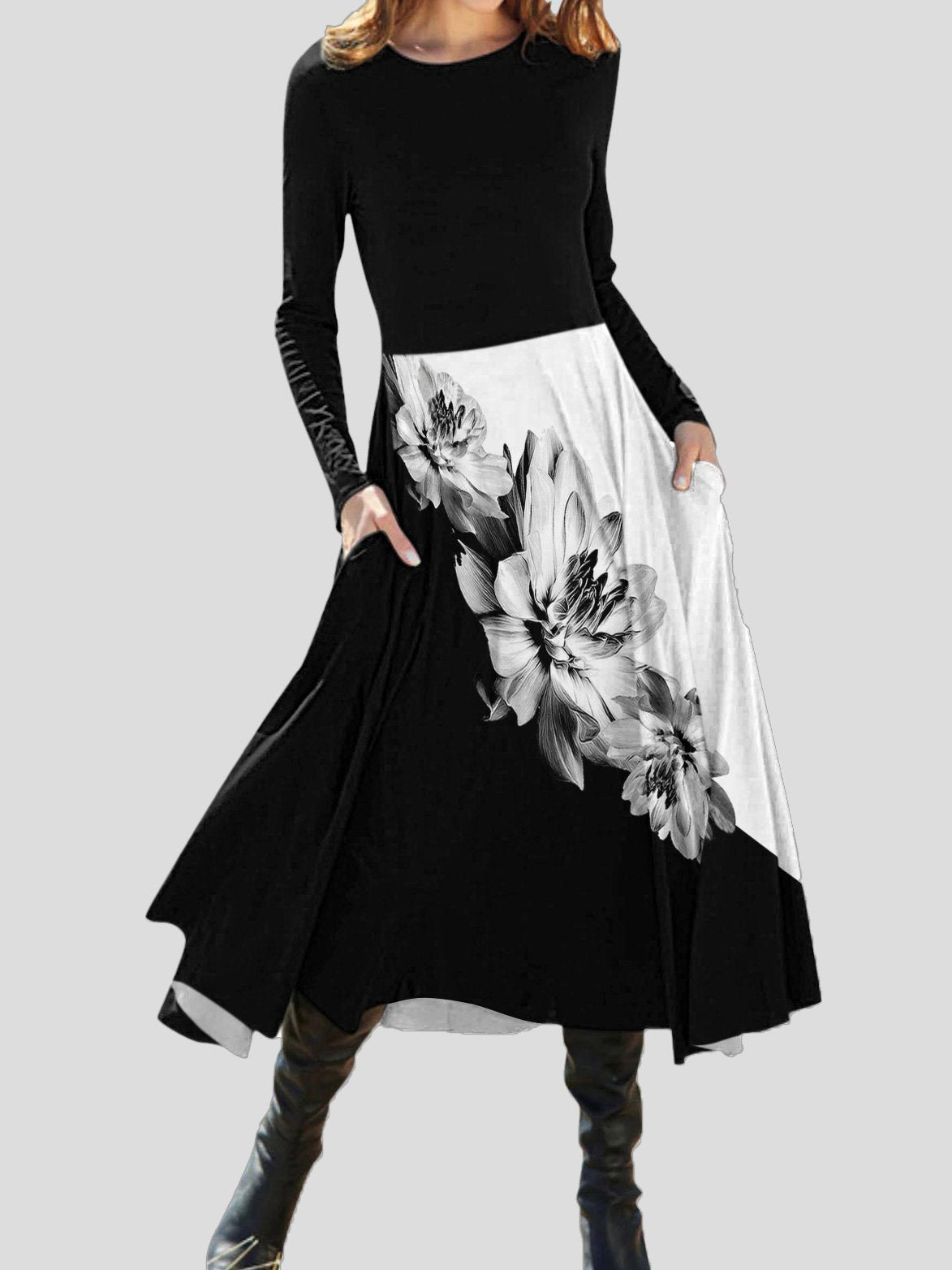 Women's Dresses Floral Print Round Neck Long Sleeve Dress - LuckyFash™