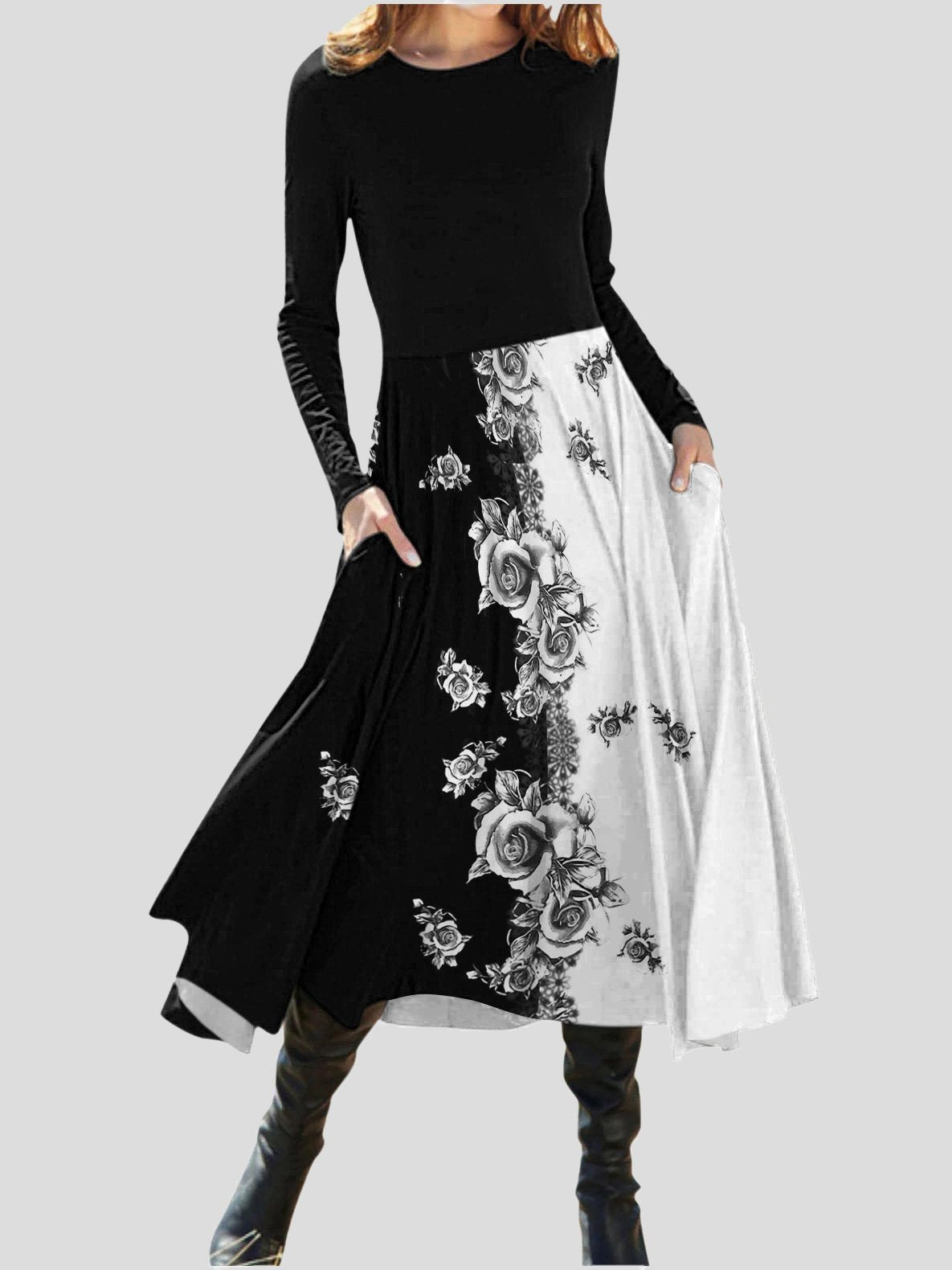 Dresses Floral Print Round Neck Long Sleeve Dress for Women