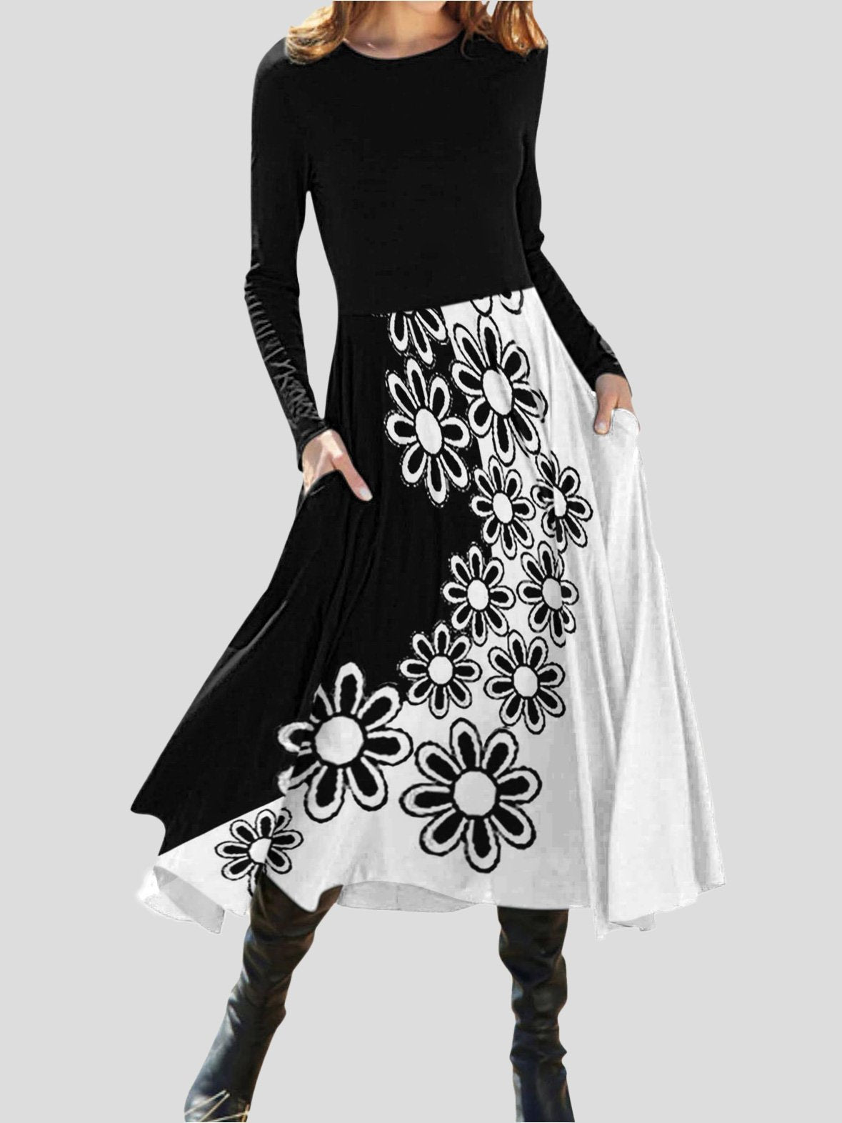 Women's Dresses Floral Print Round Neck Long Sleeve Dress - LuckyFash™