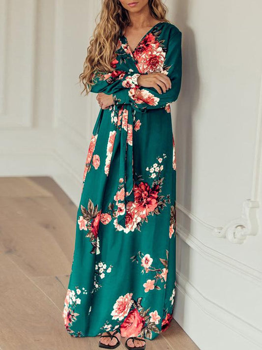 Dresses Floral Print V-Neck Tie Long Sleeve Dress for Women