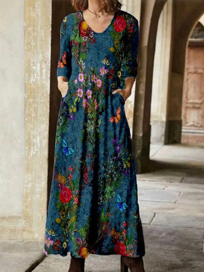 Women's Dresses Floral V-Neck Pocket Long Sleeve Dress - LuckyFash™