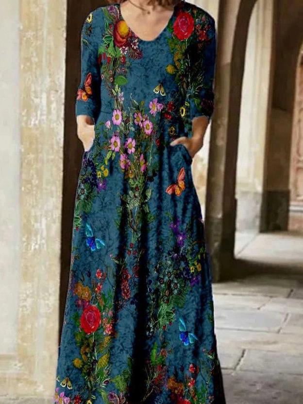 Women's Dresses Floral V-Neck Pocket Long Sleeve Dress - LuckyFash™