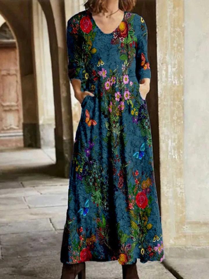 Dresses Floral V-Neck Pocket Long Sleeve Dress for Women