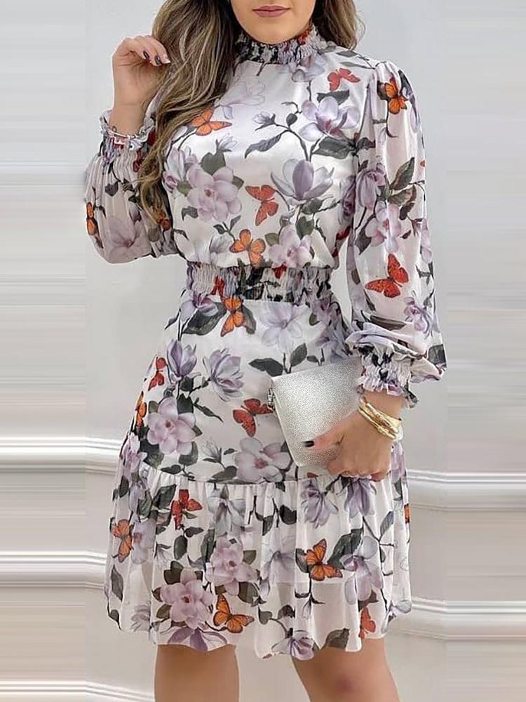 Dresses Flower Lantern Sleeve Ruffled Mini Dress for Women