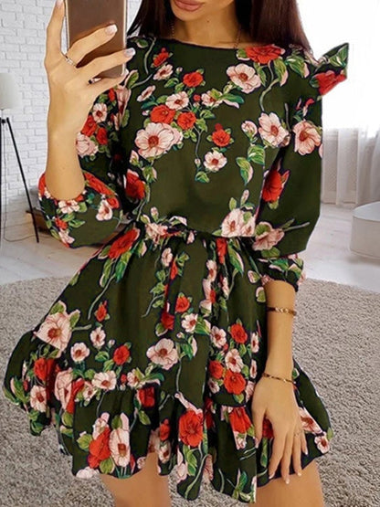 Women's Dresses Flower Print Ruffled Five-Point Sleeve Dress - LuckyFash™