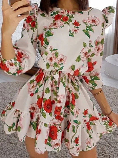 Women's Dresses Flower Print Ruffled Five-Point Sleeve Dress - LuckyFash™