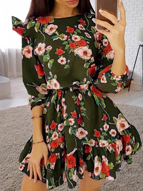 Dresses Flower Print Ruffled Five-Point Sleeve Dress for Women