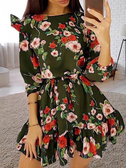 Dresses Flower Print Ruffled Five-Point Sleeve Dress for Women