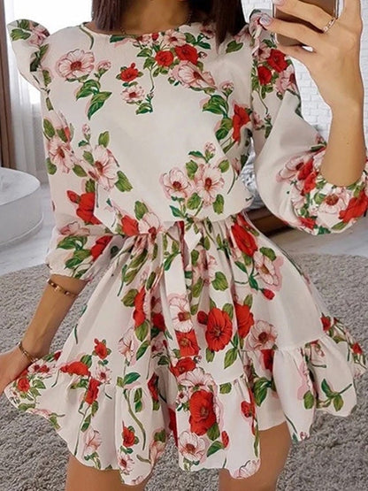 Dresses Flower Print Ruffled Five-Point Sleeve Dress for Women