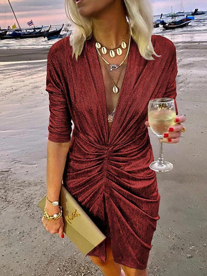 Women's Dresses Glittering V-Neck Pleated Long Sleeve Dress - LuckyFash™