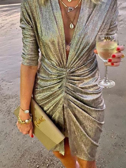 Women's Dresses Glittering V-Neck Pleated Long Sleeve Dress - LuckyFash™