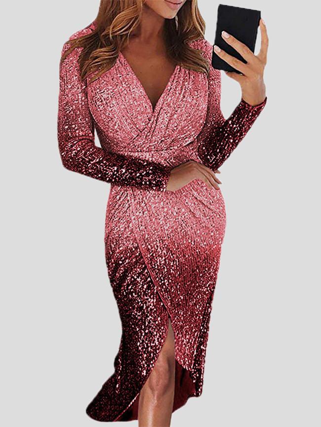 Dresses Gradient Sequined V-Neck Long Sleeve Dress for Women