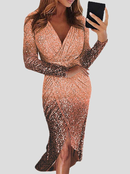 Women's Dresses Gradient Sequined V-Neck Long Sleeve Dress - LuckyFash™