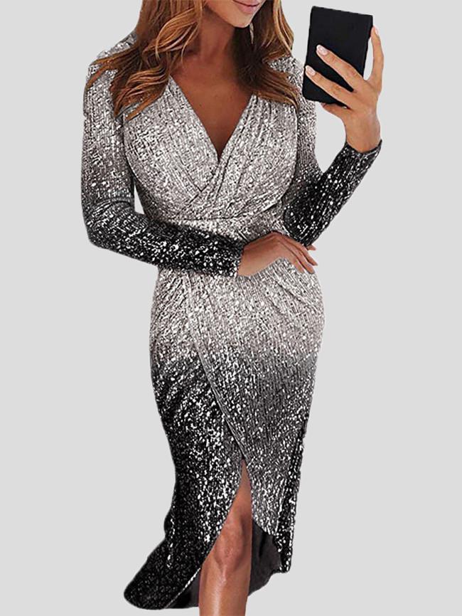 Women's Dresses Gradient Sequined V-Neck Long Sleeve Dress - LuckyFash™