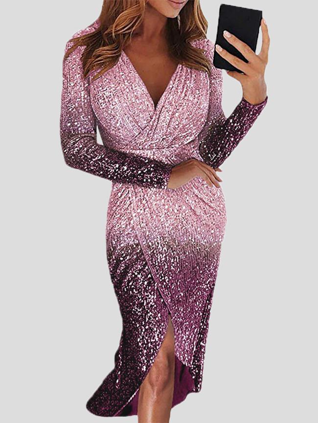 Women's Dresses Gradient Sequined V-Neck Long Sleeve Dress - LuckyFash™