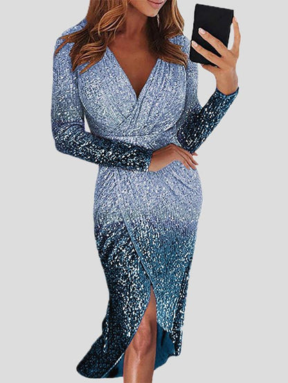 Dresses Gradient Sequined V-Neck Long Sleeve Dress for Women