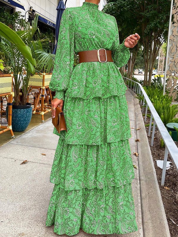 Dresses Half High Collar Floral Ruffled Long Sleeve Dress for Women