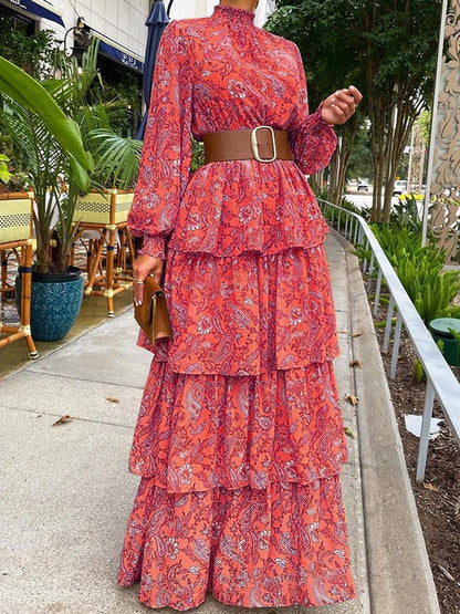 Dresses Half High Collar Floral Ruffled Long Sleeve Dress for Women