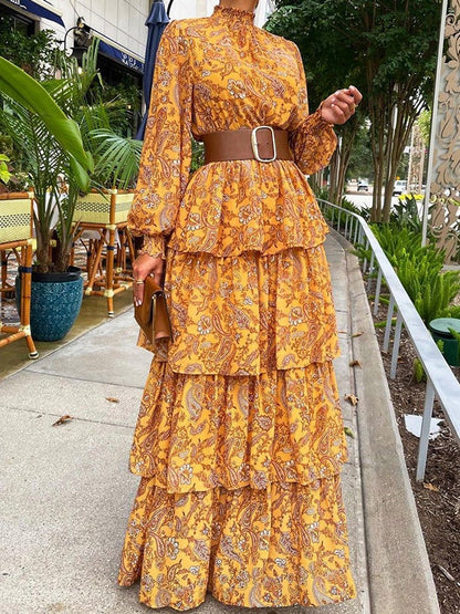 Dresses Half High Collar Floral Ruffled Long Sleeve Dress for Women