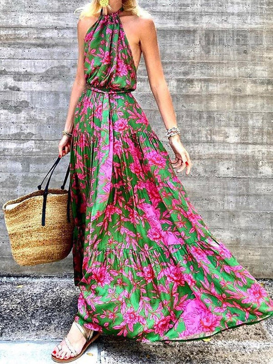 Dresses Halter Floral Print Bare Back Dress for Women