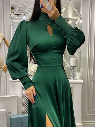 Women's Dresses High Collar Hollow Long Sleeve Slit Dress - LuckyFash™