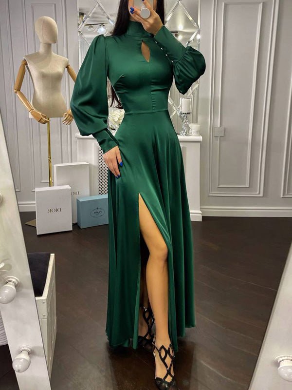 Women's Dresses High Collar Hollow Long Sleeve Slit Dress - LuckyFash™