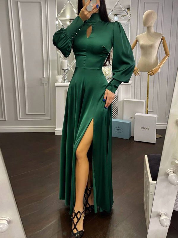 Women's Dresses High Collar Hollow Long Sleeve Slit Dress - LuckyFash™