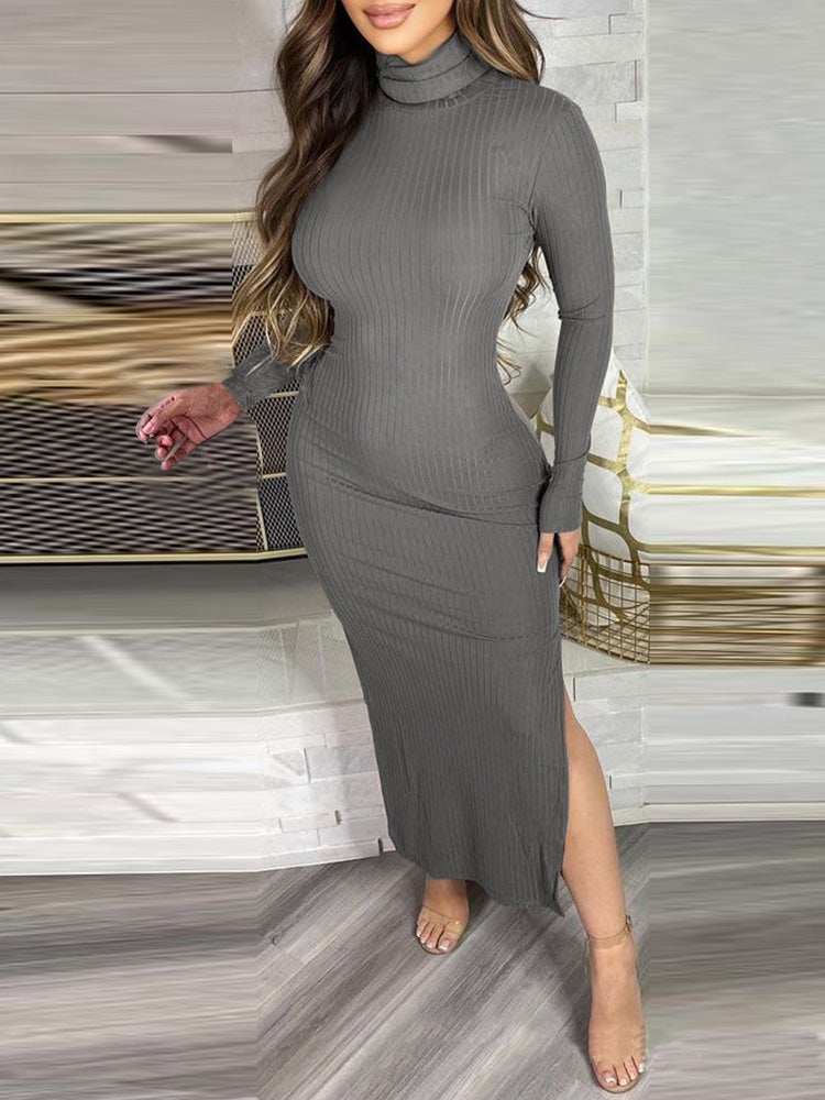 Women's Dresses High Collar Long Sleeve Slit Dress - LuckyFash™