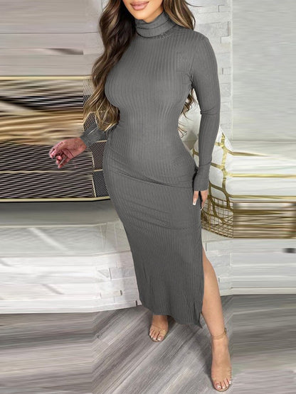 Women's Dresses High Collar Long Sleeve Slit Dress - LuckyFash™