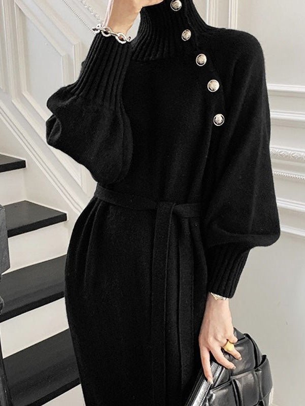 Women's Dresses High Neck Button Tie Long Sleeve Sweater Dress - LuckyFash™