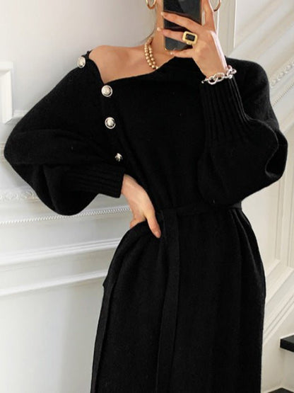 Women's Dresses High Neck Button Tie Long Sleeve Sweater Dress - LuckyFash™