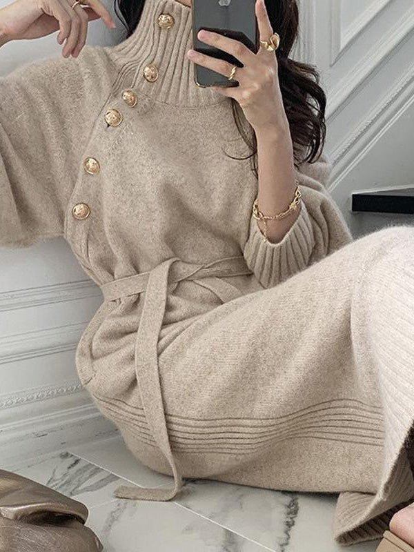 Women's Dresses High Neck Button Tie Long Sleeve Sweater Dress - LuckyFash™