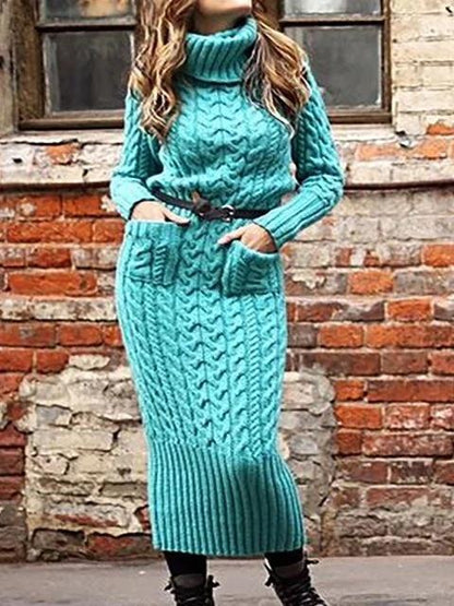 Women's Dresses High Neck Pocket Long Sleeve Sweater Dress - LuckyFash™