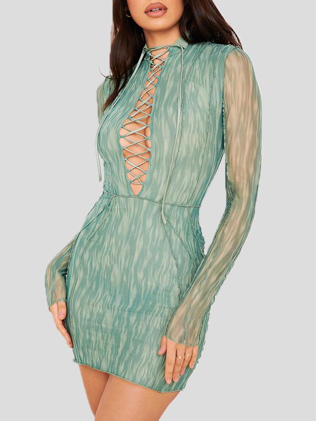 Women's Dresses Hollow Lace-Up Mesh Long Sleeve Dress - LuckyFash™