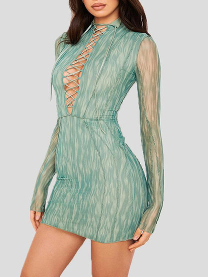 Women's Dresses Hollow Lace-Up Mesh Long Sleeve Dress - LuckyFash™