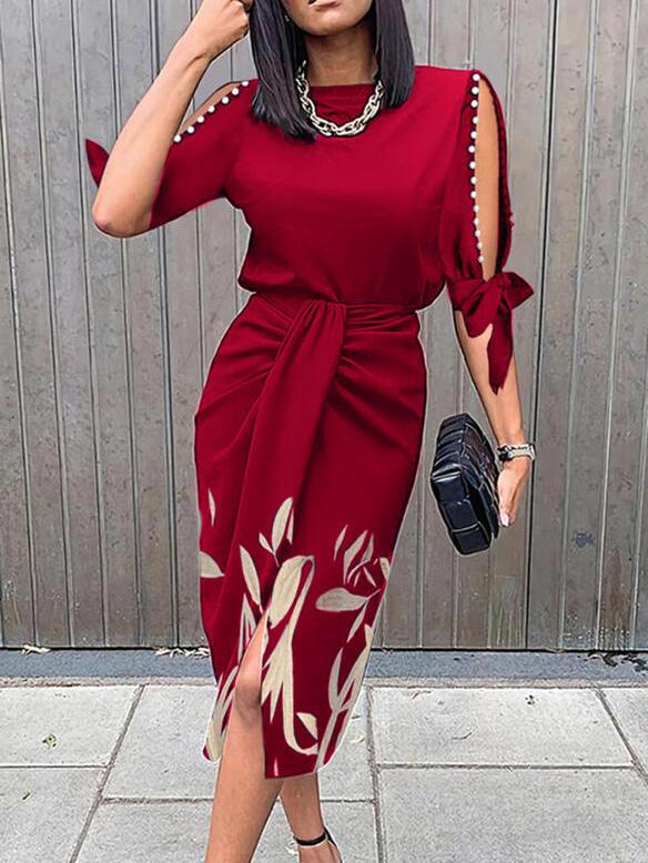 Dresses Hollow Sleeve Printed Casual Midi Dress for Women