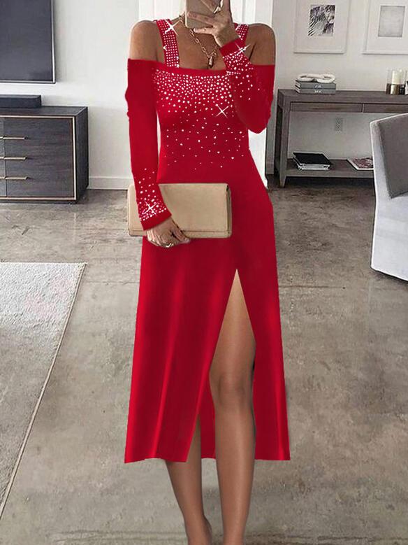 Dresses Hot Rhinestone Sling One Shoulder Slit Dress for Women