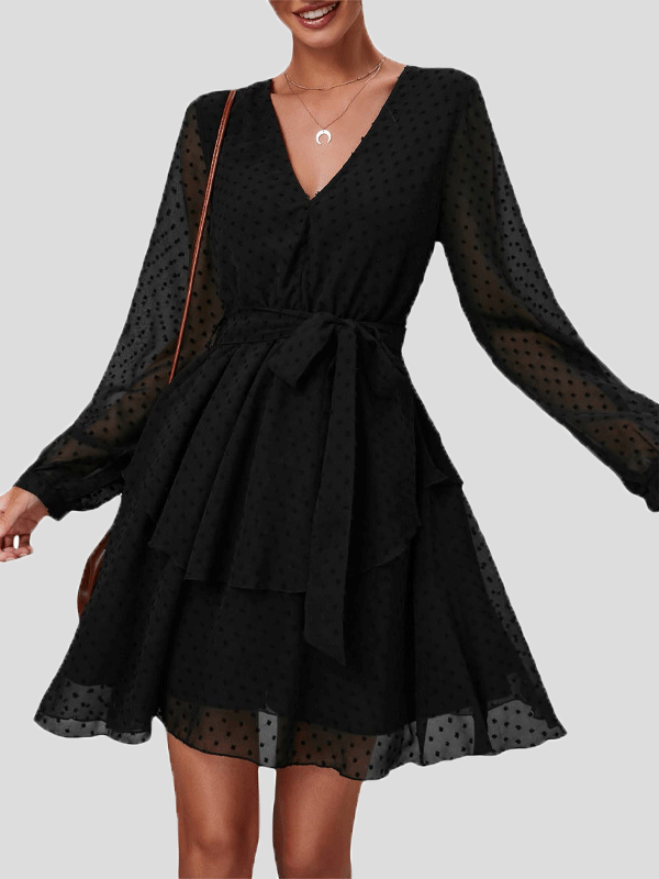 Dresses Jacquard V-Neck Ruffled Long Sleeve Dress for Women