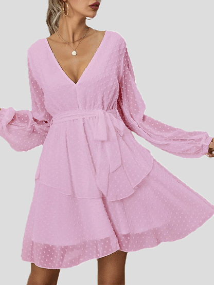 Women's Dresses Jacquard V-Neck Ruffled Long Sleeve Dress - LuckyFash™