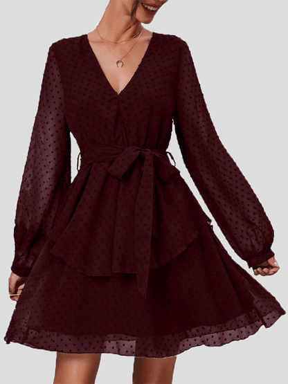 Dresses Jacquard V-Neck Ruffled Long Sleeve Dress for Women