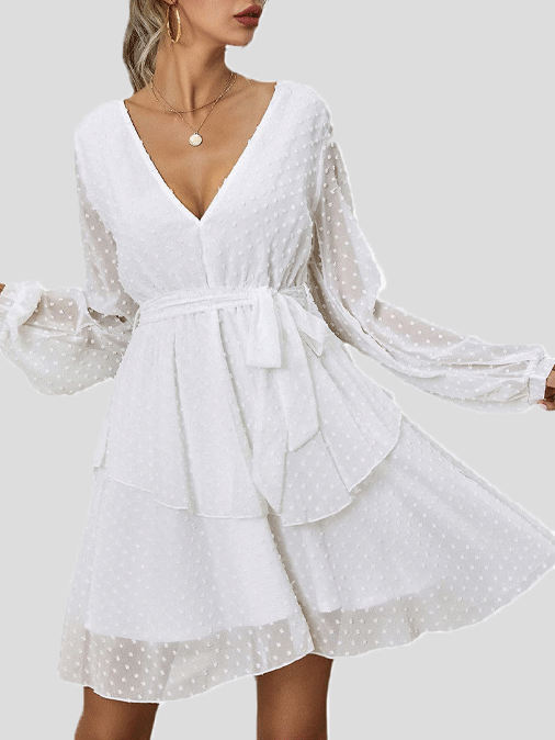 Dresses Jacquard V-Neck Ruffled Long Sleeve Dress for Women