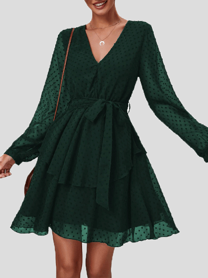 Women's Dresses Jacquard V-Neck Ruffled Long Sleeve Dress - LuckyFash™