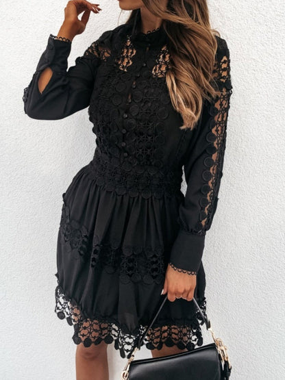 Dresses Lace Hollow Button Long Sleeve Dress for Women