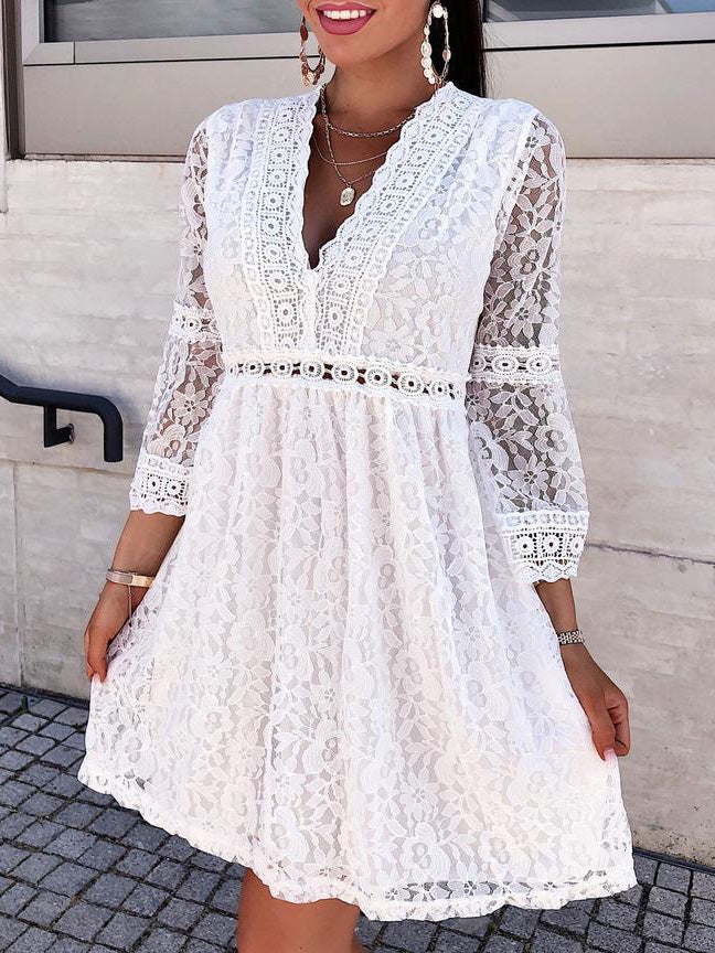 Dresses Lace Stitching V-Neck Three-Quarter Sleeve Dress for Women