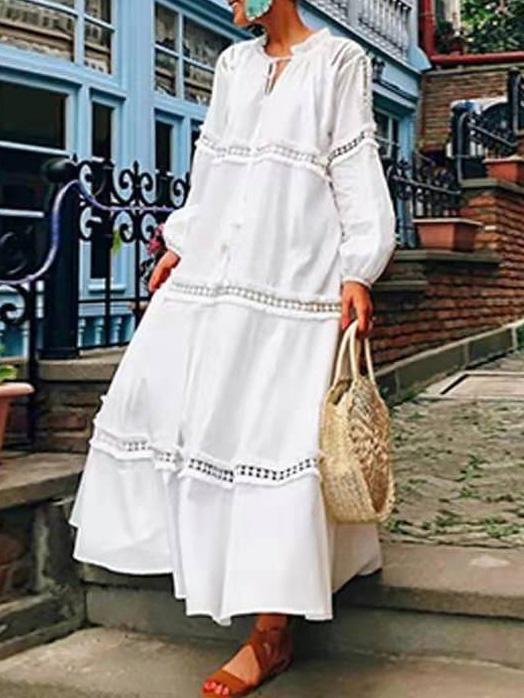 Women's Dresses Lace-Up Lace Stitching Long Sleeve Maxi Dress - LuckyFash™